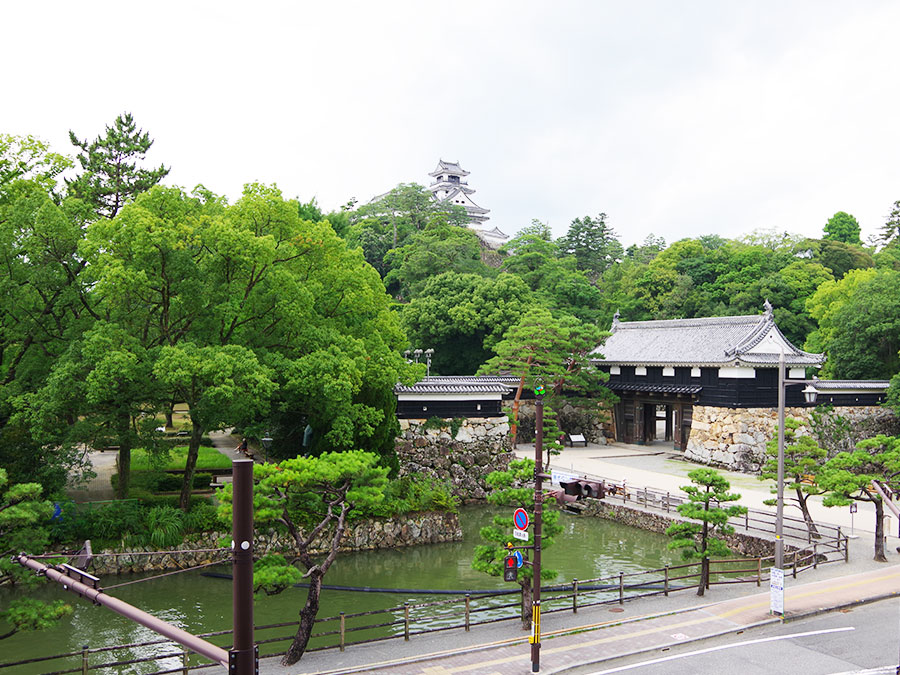 高知城歴史博物館から見た追手門と天守