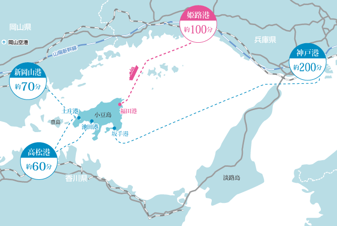 小豆島へのフェリー姫路港・福田港発着マップ