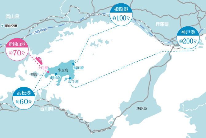 小豆島へのフェリー日生港・大部港発着マップ