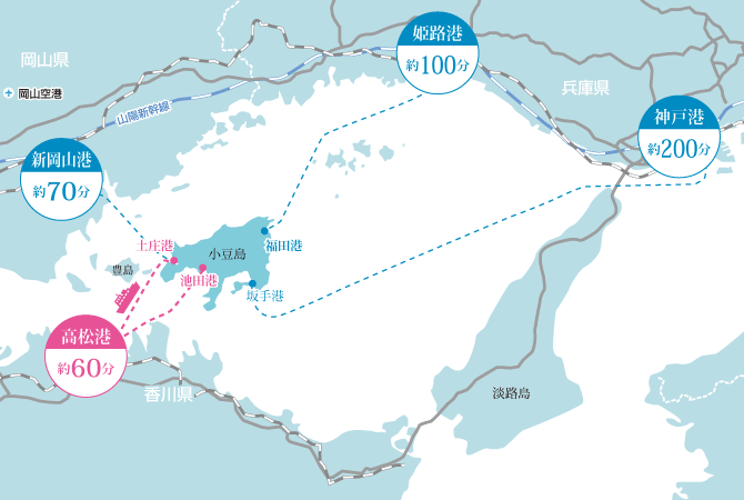 小豆島へのフェリー高松港と土庄港・池田港・草壁港発着マップ